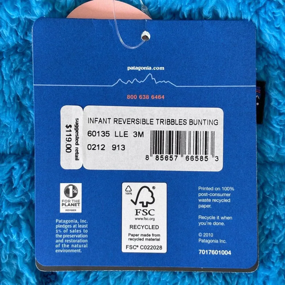 Patagonia Infant 3M Reversible Tribbles Bunting Snowsuit Turquoise Stripe NWT